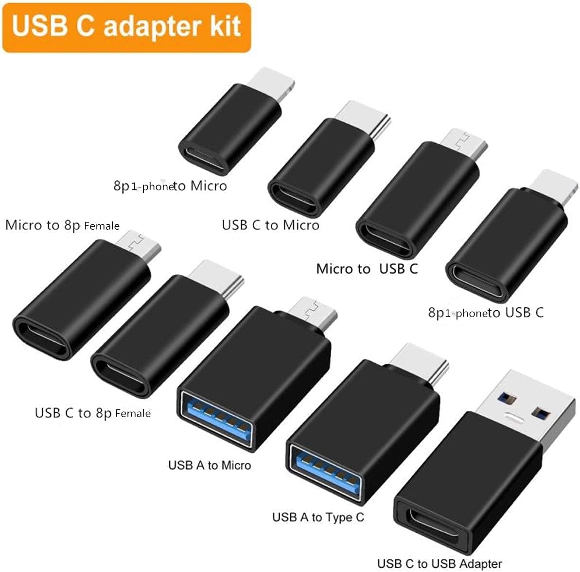 10-Piece Type C Adapter Kit, Compatible with Micro USB/Type C/USB OTG Adapter, Travel Case with and Carabiner, Includes USB Type C Cable
