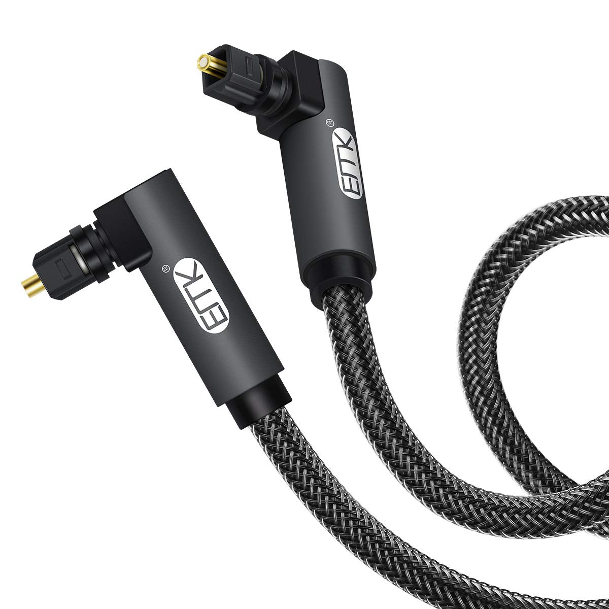 EMK 【Upgraded】 Double 90 Degree Optical Audio Cable Free-Rotating Toslink Plug Nylon Braided S/PDIF Digital Right Angle Optical Male to Male Cable for Home Theater,Sound Bar,TV(6.6ft/2m)