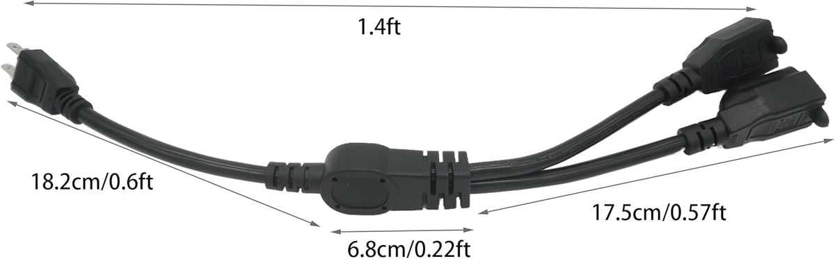 Y Splitter Extension Cord, 1.4FT 2 Way 1 to 2 Splitter Extension Cord, 3 Prong SJT 16AWG NEMA 5-15P to NEMA 5-15R x2, Male to Female Power Cord Cable Wire Extender Space Saver, 125V 13A 1625W, Black