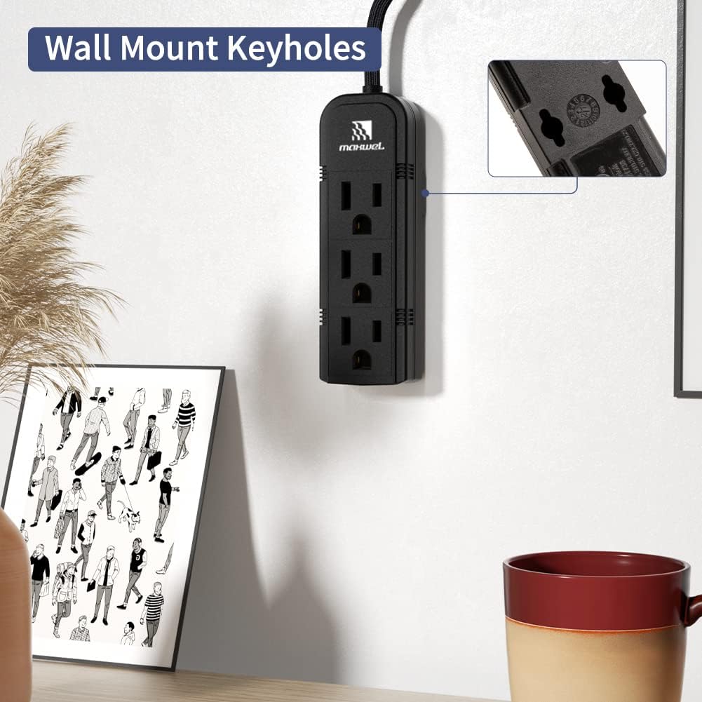 2Pack Small Power Strip Black Outlet - 1FT Heavy Duty Power Extension Cord, Mini Size Portable 3 Outlet Power Strip for Office,Computer,Home Accessories,Travel,ETL Listed (13a/125v/60hz/1625w)