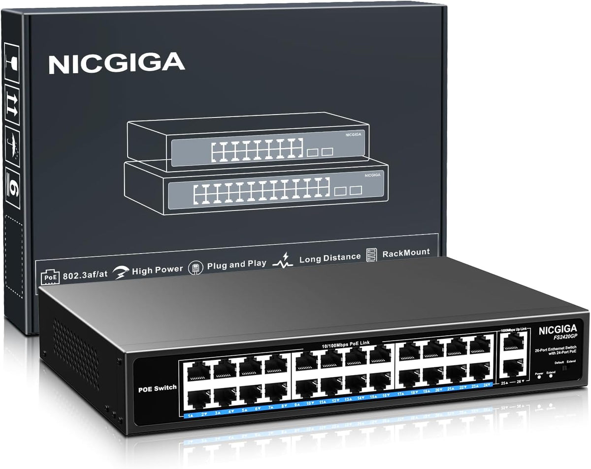 24 Port PoE Switch Unmanaged, 24 Port PoE+@400W, 2 Gigabit Uplink Ports, NICGIGA 26 Port Network Power Over Ethernet Switch, VLAN Mode, 250m Extend, 19 inch RackMount, Plug and Play.