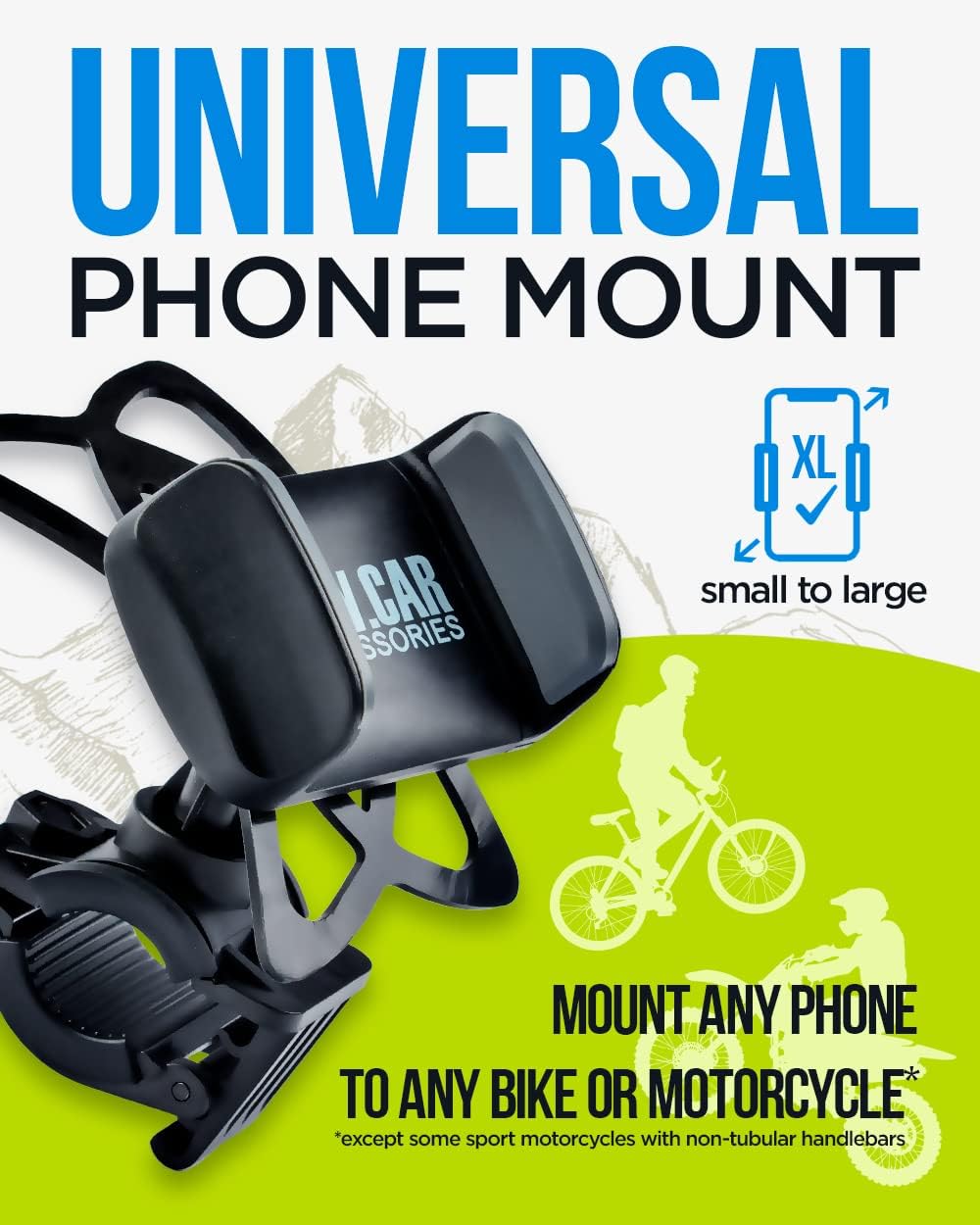 Bike & Motorcycle Phone Mount - for iPhone 16 Pro Max (15, 14, SE, Plus), Galaxy s25 or Any Cell Phone - Universal Handlebar Holder for ATV, Bicycle & Motorbike. +100 to Safeness & Comfort