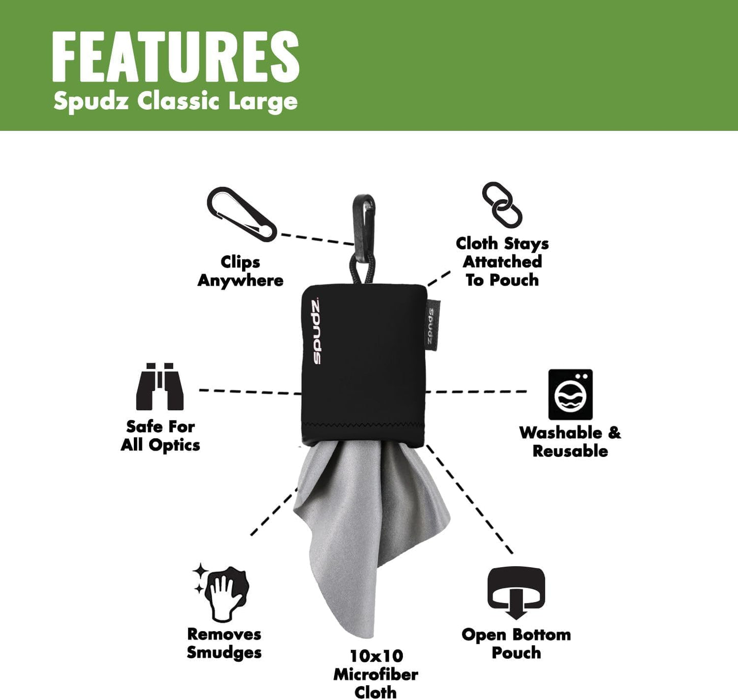 SPUDZ Classic Microfiber Lens Cleaner – Clip-On Pouch, Washable – for Binoculars, Scopes, Glasses, Screens | Black, 6 x 6 Inch (2-Pack)