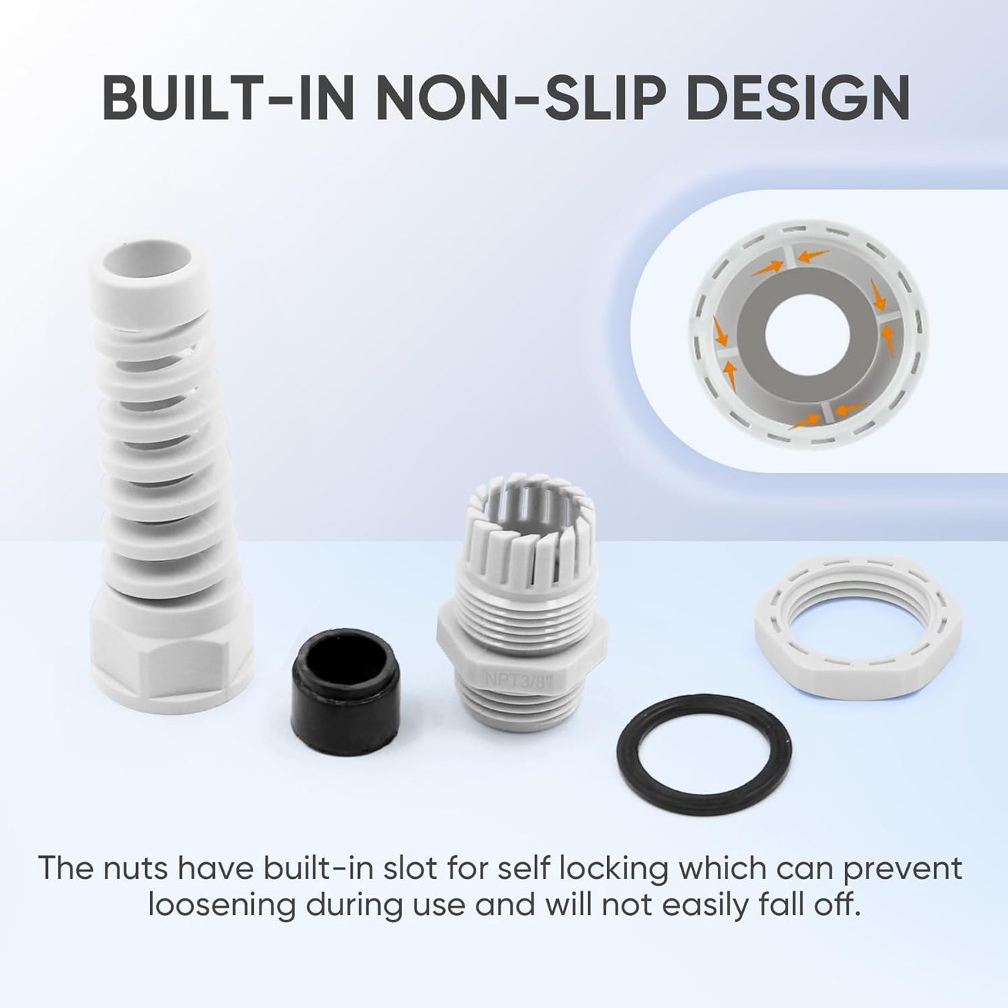 Strain Relief Cord Connector,LISTENJIALE 10Pcs NPT 3/8" Waterproof Cable Gland Flex Spiral Strain Relief Adjustable 5-10mm Cable Connector Nylon Joint with Gaskets(Grey)