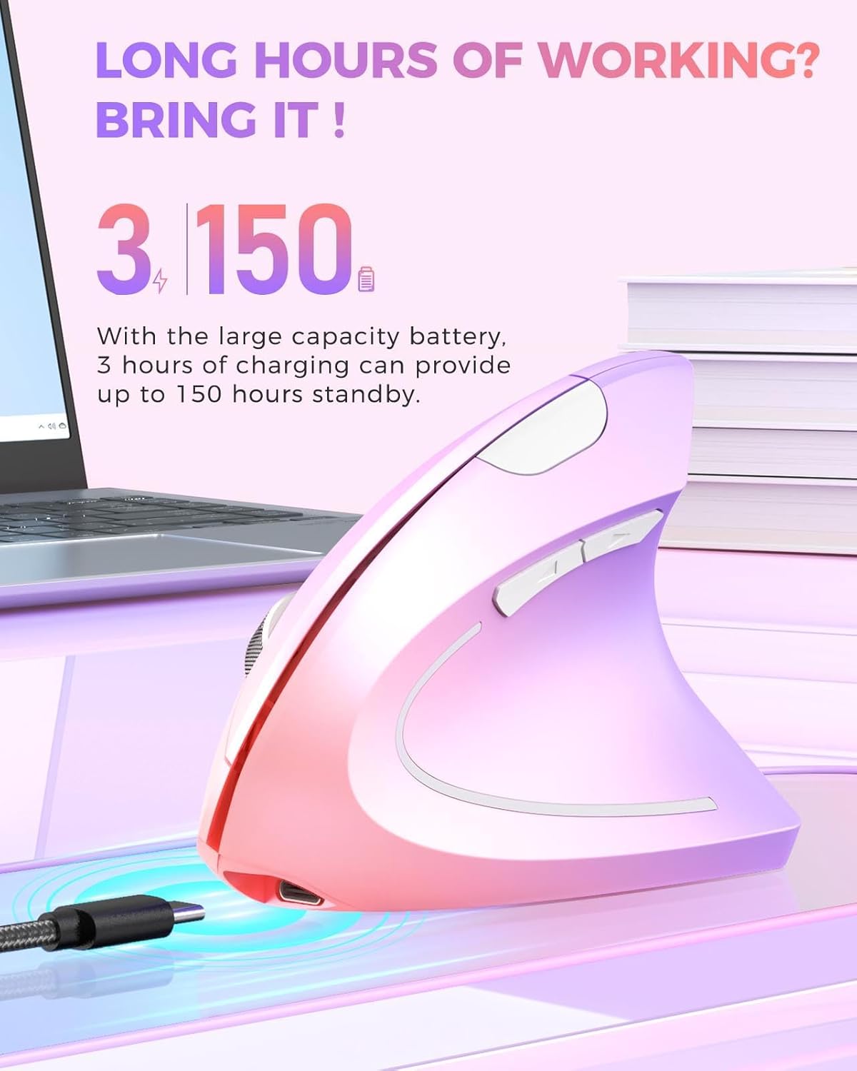 Lekvey Ergonomic Mouse, Vertical Wireless Mouse Rechargeable 2.4 GHz Optical Carpal Tunnel Mouse : 800/1200 / 1600 DPI, 6 Buttons, for Laptop, PC, Computer, Desktop, Notebook etc, Pink to Purple
