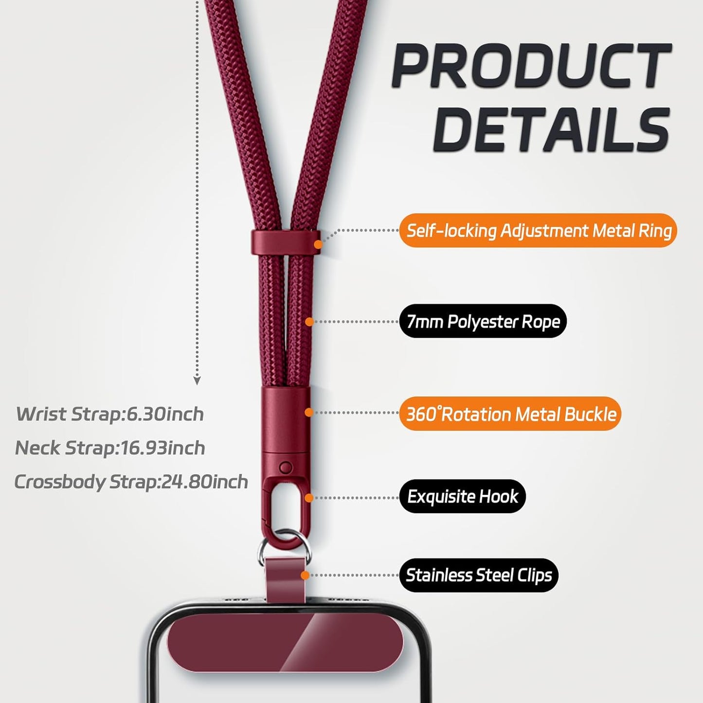 3 Pack Phone Lanyard,1×Phone crossbody strap,1×Phone Neck Strap,1×Wrist Strap,3×Tether Tabs,Universal Cell Phone Multifuctional Patch Polyester Lanyards(Wine)