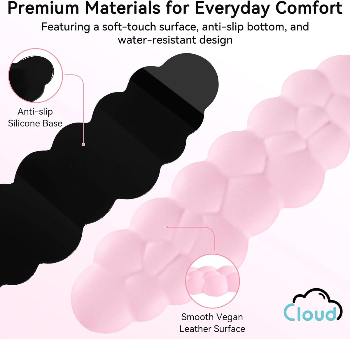 Cloud Wrist Rest for Computer Keyboard, 4-in-1 Memory Foam Leather Cloud Keyboard Wrist Rest and Mouse Pad Set with Ergonomic Support for Arm and Palm Cushion, Gaming/Work Setup, Pink
