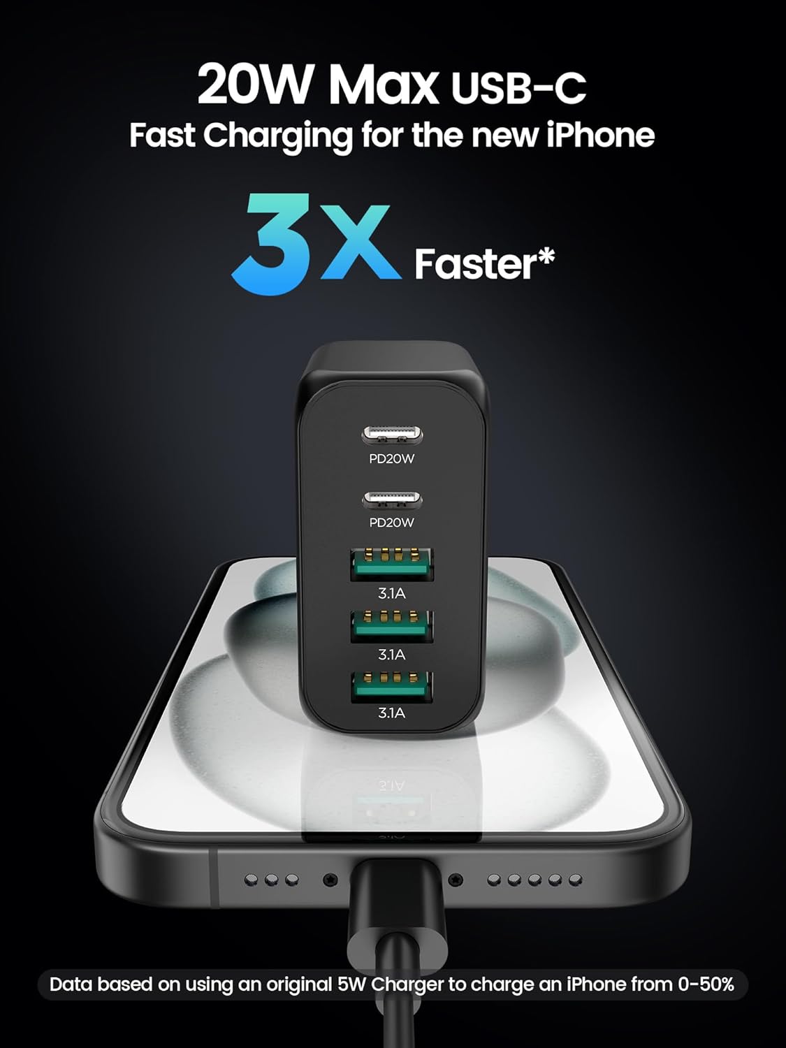 USB C Charger Block, Type C Charger Fast Charging,Total 50W 5-Port USB Wall Charger Multiport Type C Charging Block Cube for iPhone 16 15 14 13 12 11 Pro Max XS, iPad, Samsung & More-Black