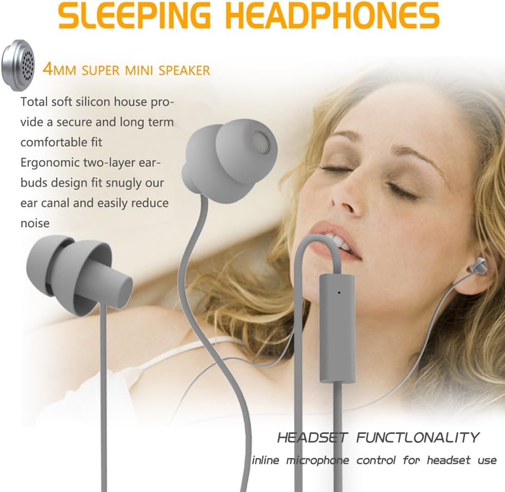 MAXROCK (TM Unique Total Soft Silicon Sleeping Headphones Earplugs Earbuds with Mic for Cellphones,Tablets and 3.5 mm Jack Plug (Grey)