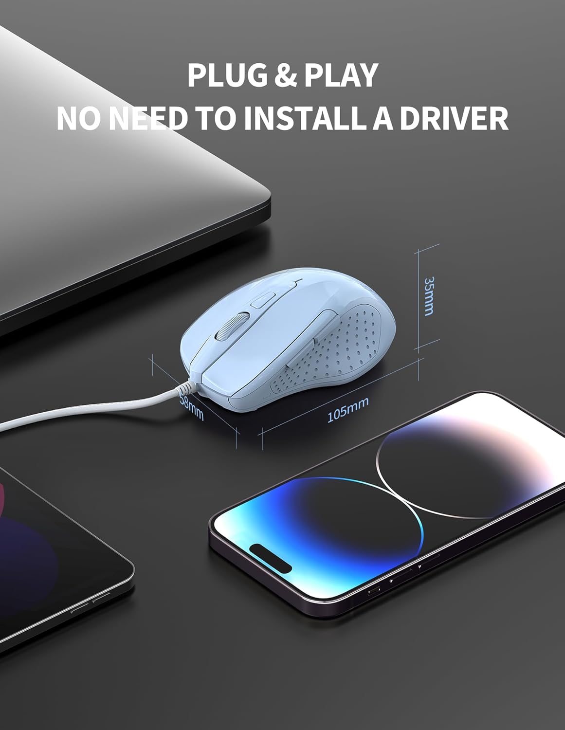 TECKNET Wired Mouse, 6-Button Corded with 4 Adjustable DPI, Optical Mouse with Ergonomic Design and 5FT Cord for Laptop, Chromebook, PC, Desktop, Mac, Notebook - LT.Blue