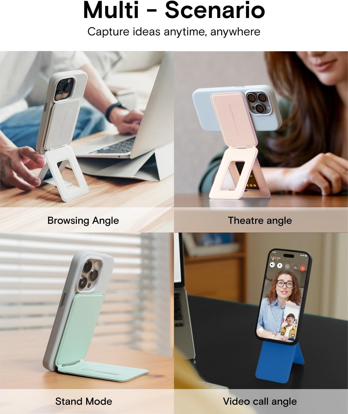 MOFT Phone Stand, Magnetic Phone Tripod Stand Stain-Resistant MOVAS Leather & Angle Adjustment & Strong Magnets Tripod for iPhone 16/15/14/13/12 (Included Metal Ring)-Blush