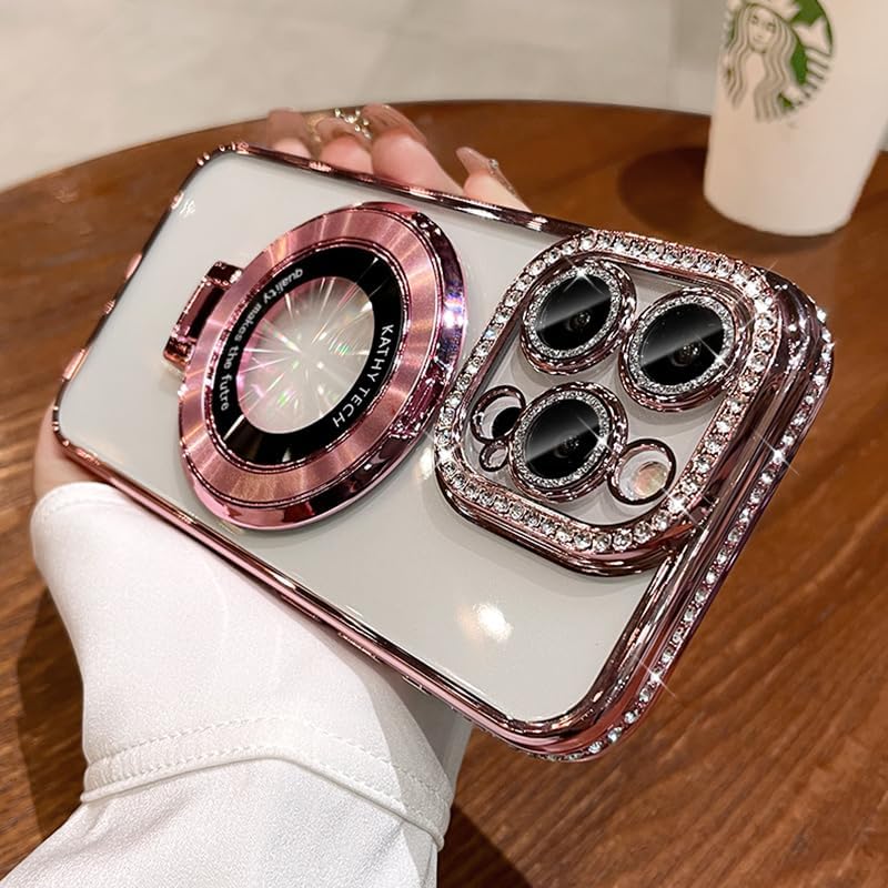 Magnetic Kickstand (Glitter Lens Protector ) Case for iPhone 15 14 13 12 Pro Max (Compatible with Magsafe ) Sparkling Diamond Cover Glitter Shiny Rhinestone Cases (Pink,for iPhone 12 Pro Max)