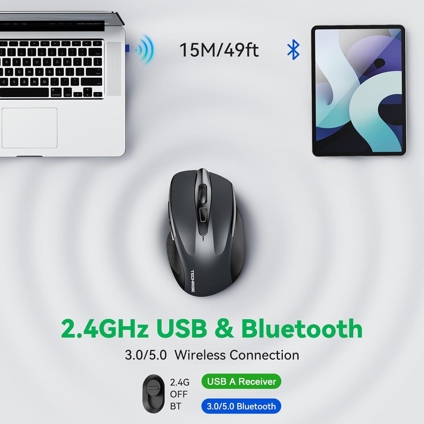 Bluetooth Mouse (BT5.0/3.0 & 2.4G) Rechargeable Wireless Mouse, 4800 DPI Optical Tracking, 6 Adjustable DPI, 2.4GHz with USB A Receiver, Quiet Clicks, Ergonomic Grips, 6 Buttons - Grey