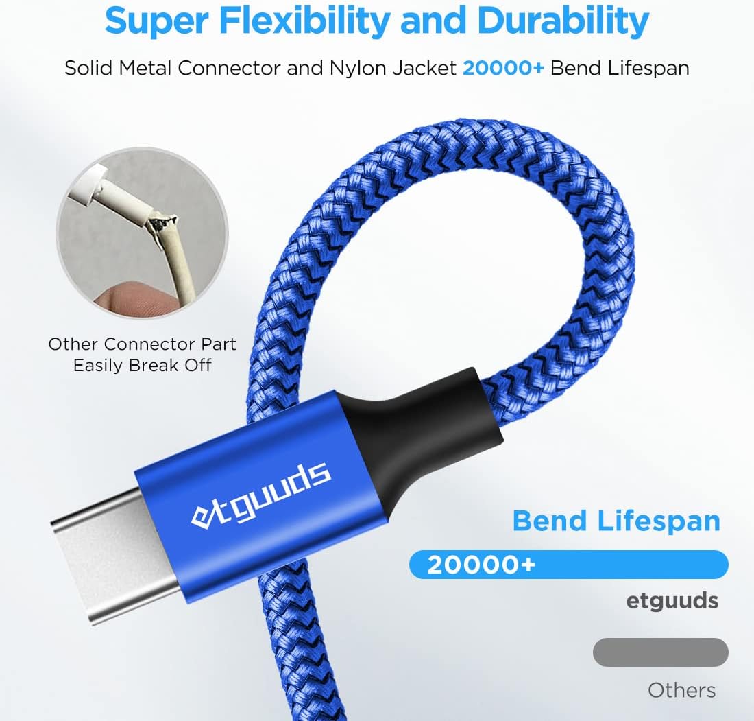 Long USB C Cable [12ft, 2-Pack], etguuds Fast Charging USB A to Type C Charger Cable Braided for Samsung Galaxy S22 S21 S20 Ultra 5G S10 S10E S9 Note 20 10 9, A10e A20 A33 A32 A50 A70, LG, Moto, Pixel