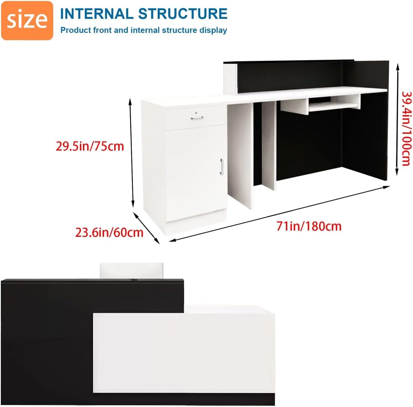 Reception Desk with Counter Modern Checkout Counter with Lockable Drawer Keyboard Tray Receptionist Desk for Office Salon Reception Table S Left 71inch/180cm