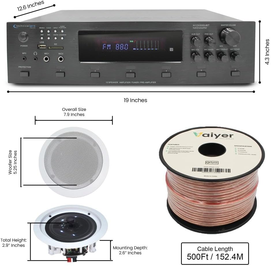 Vaiyer Home Theater System Kit, 6-Channel 6000 Watts Bluetooth Amplifier with 5.25" 8 Qty of 175 W Each in-Wall in-Ceiling Speakers & 16 AWG 500 ft. Speaker Wire Perfect for Home, Office, Restaurants