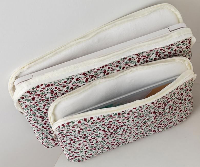 Puffy Laptop Sleeve 13-15.6 Inch Cute Quilted Laptop Protective Case Padded Floral Computer Sleeve for MacBook (B-red, 13 Inch)