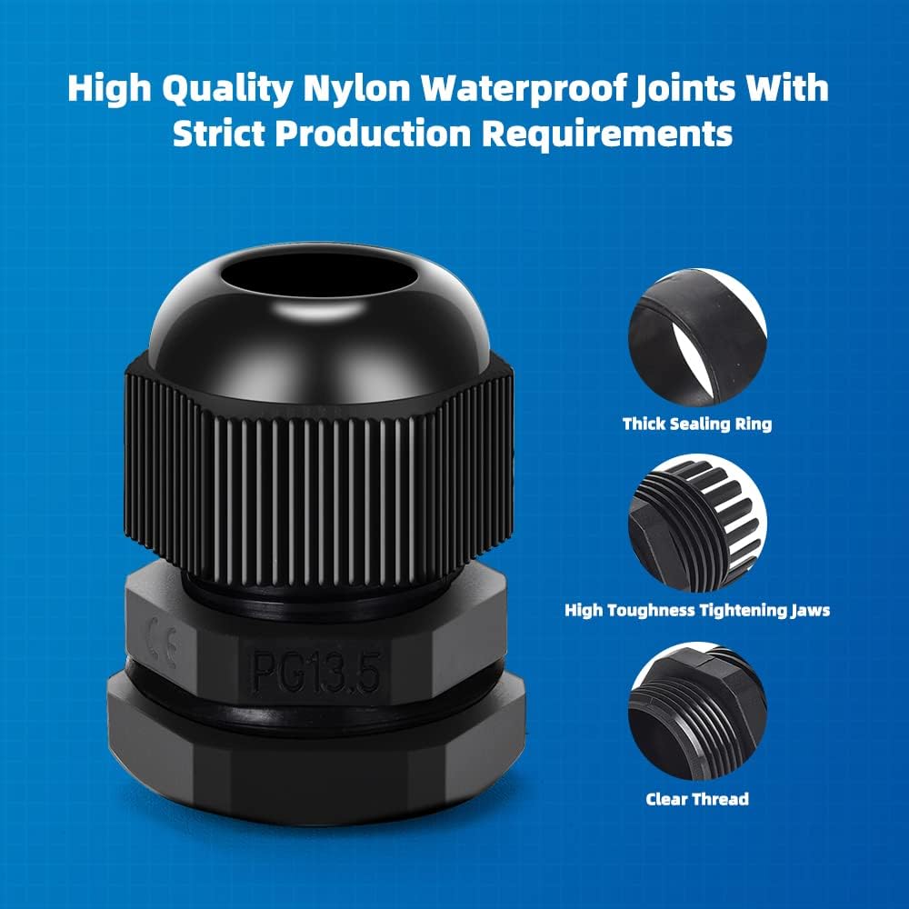 Cable Gland 20 Pack Plastic Waterproof Adjustable Connector 6-12mm PG13.5 Strain Relief Cord Connectors Joints Nylon with Gaskets