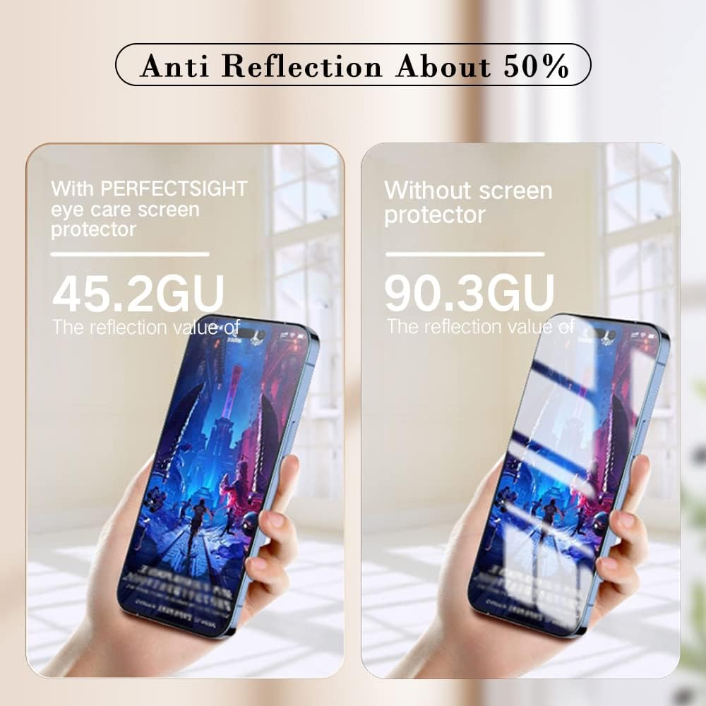 PERFECTSIGHT Sapphire Anti Glare Anti Blue Light Screen Protector Designed for iPhone 14 Pro Max - Eye Protection Diamond Hard Tempered Glass - Matte Military Grade Shatterproof Bubble Free (6.7 inch)
