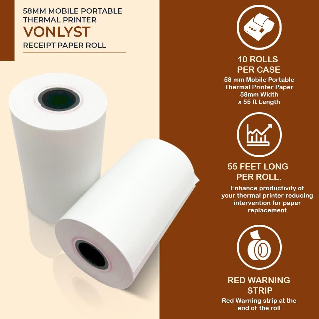 Receipt Paper Roll for 58mm Mobile Portable Thermal Printer (Pack 10 rolls)