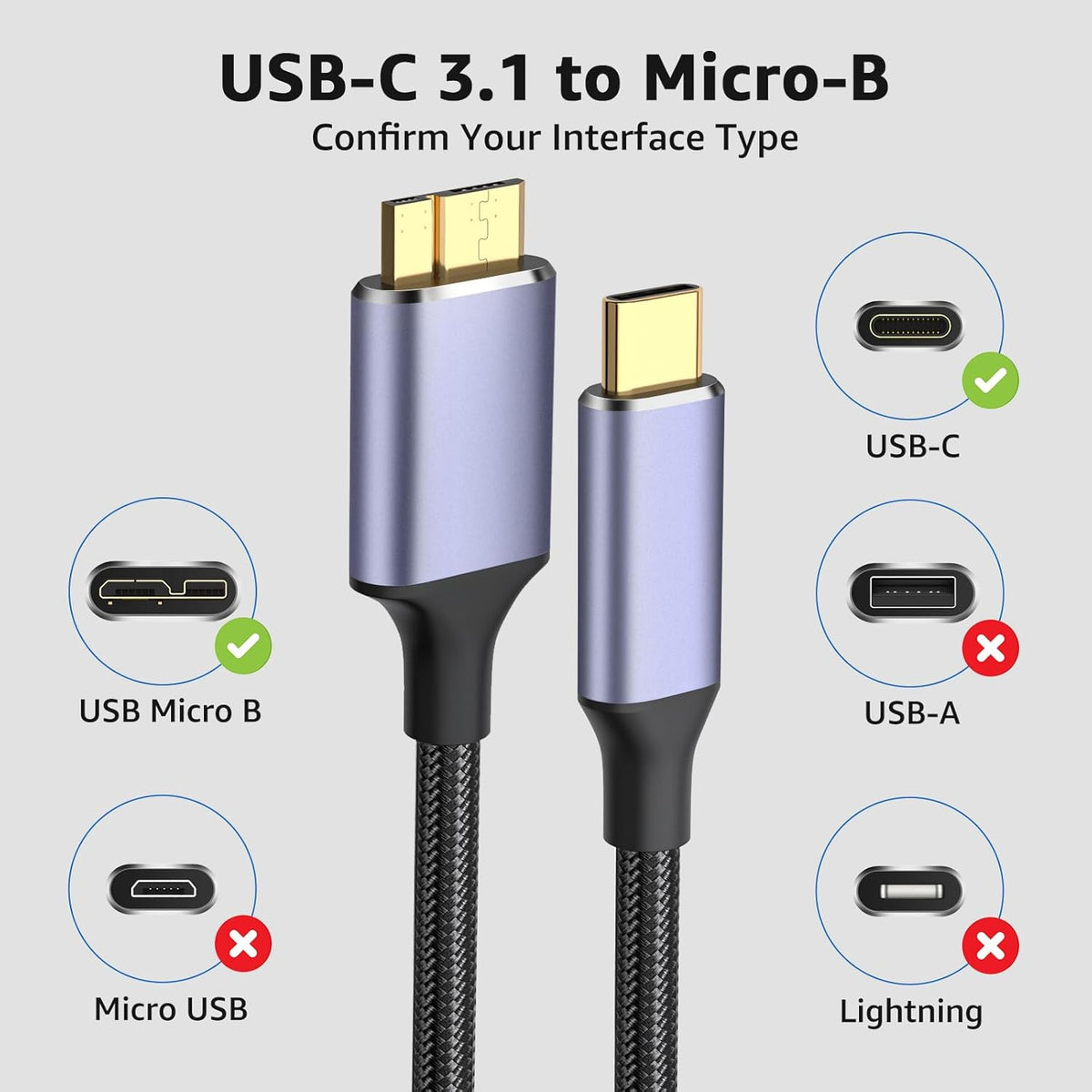 USB 3.1 Micro B to USB C Hard Drive Cables, 1FT 10 Gbps USB C to Micro B, External Hard Drive Cable Compatible with MacBook Pro/Air, iPad/Tablet, iPhone, Samsung Galaxy S24, WD Seagate etc