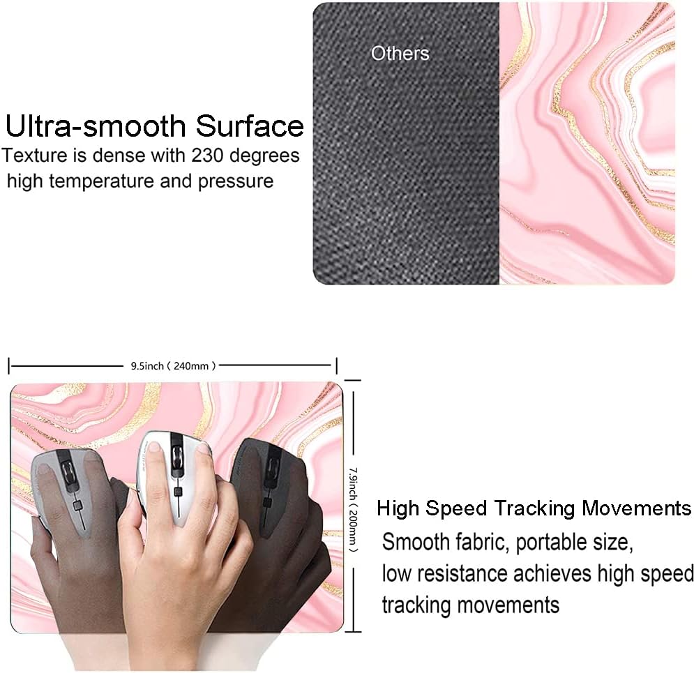 Cute Mouse Pad, Pink Gold Marble Mouse Pad, Square Personalized Mouse Mat with Design, Non-Slip Rubber Base Computer Mousepad for Office Laptop Desk