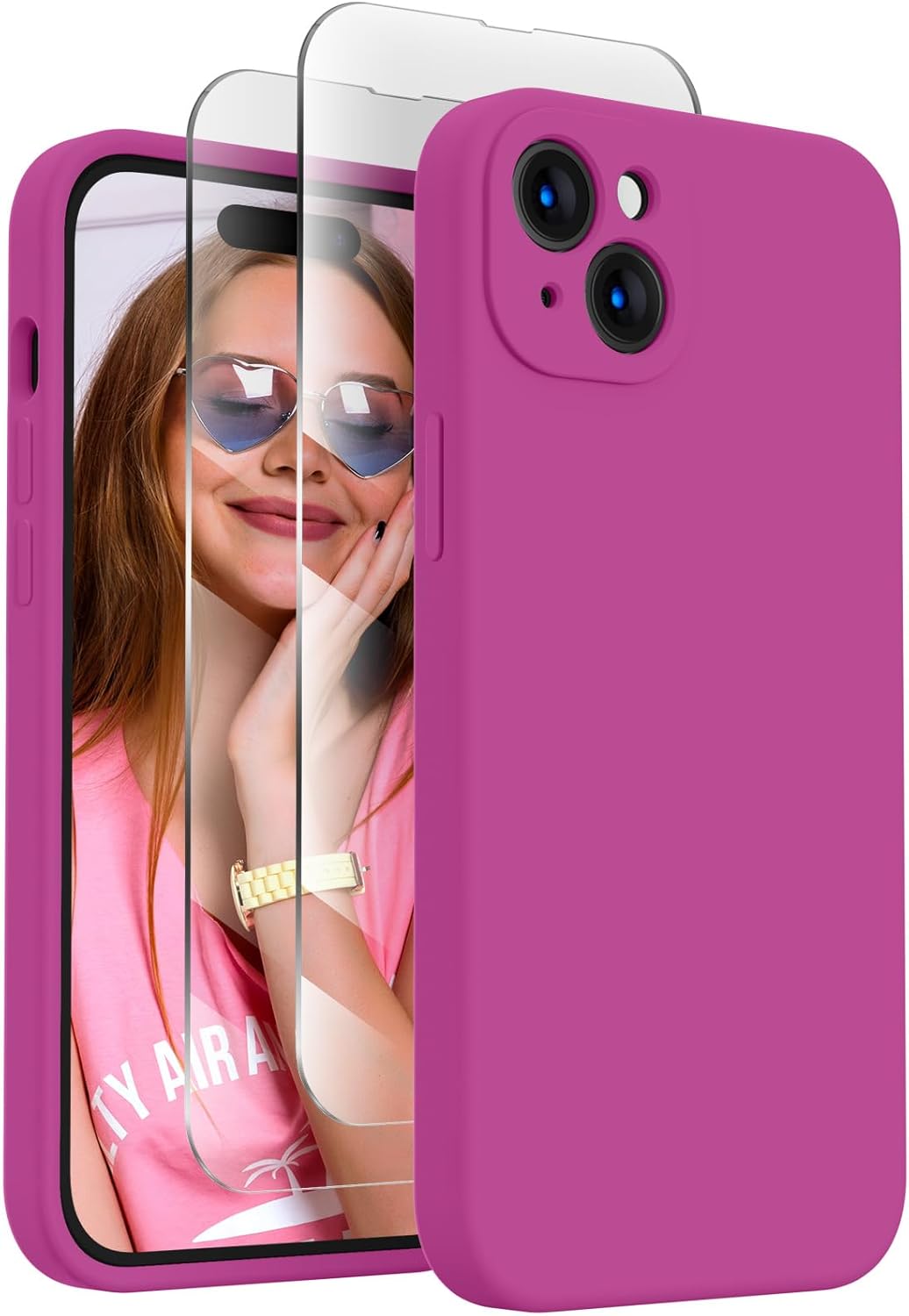 FireNova Designed for iPhone 15 Case, Silicone Upgraded [Camera Protection] Phone Case with [2 Screen Protectors], Soft Anti-Scratch Microfiber Lining Inside, 6.1 inch, Shocking Pink