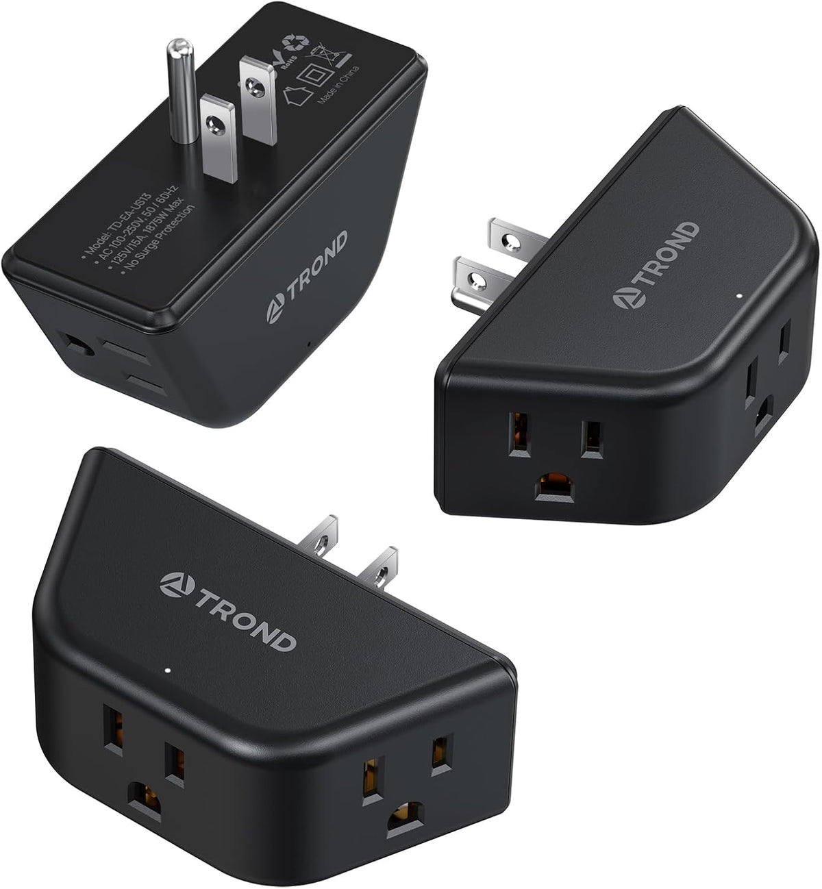 TROND Multi Plug Outlet 3 Pack - Wall Extender with 3-Prong Grounded Sockets, 3 Way Angled Outlet Adapter, Cruise Essentials, Expander for Travel, Home, Hotel, Dorm Room, Black