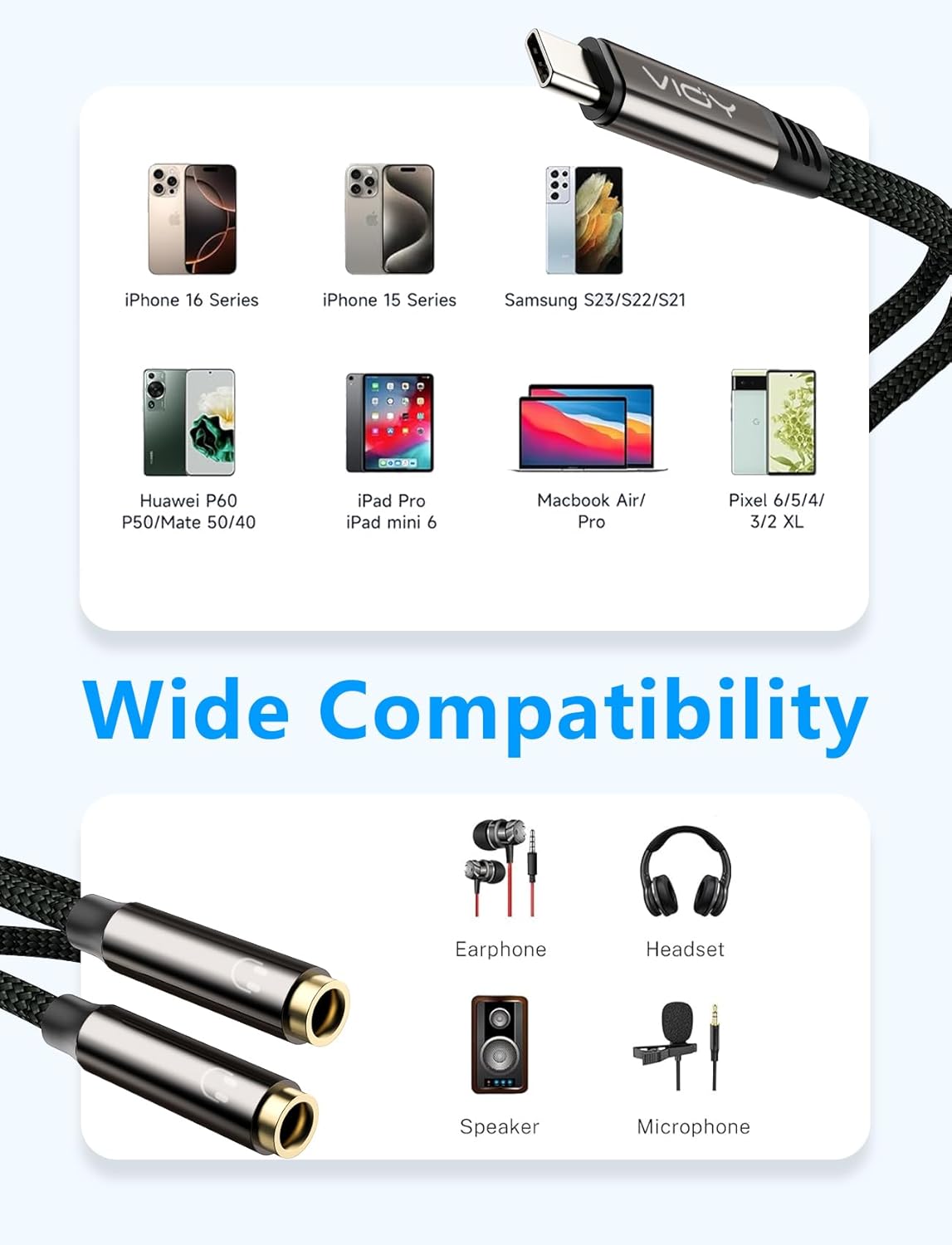 2 Pack VIOY USB C to Dual 3.5mm Female Headphone Splitter, Type C to Headphone Audio Jack Adapter 2 Way Compatible with iPhone 16/15 Plus Pro Max, iPad Air Pro, Galaxy S24/23 Ultra, Pixel 7/6 and More