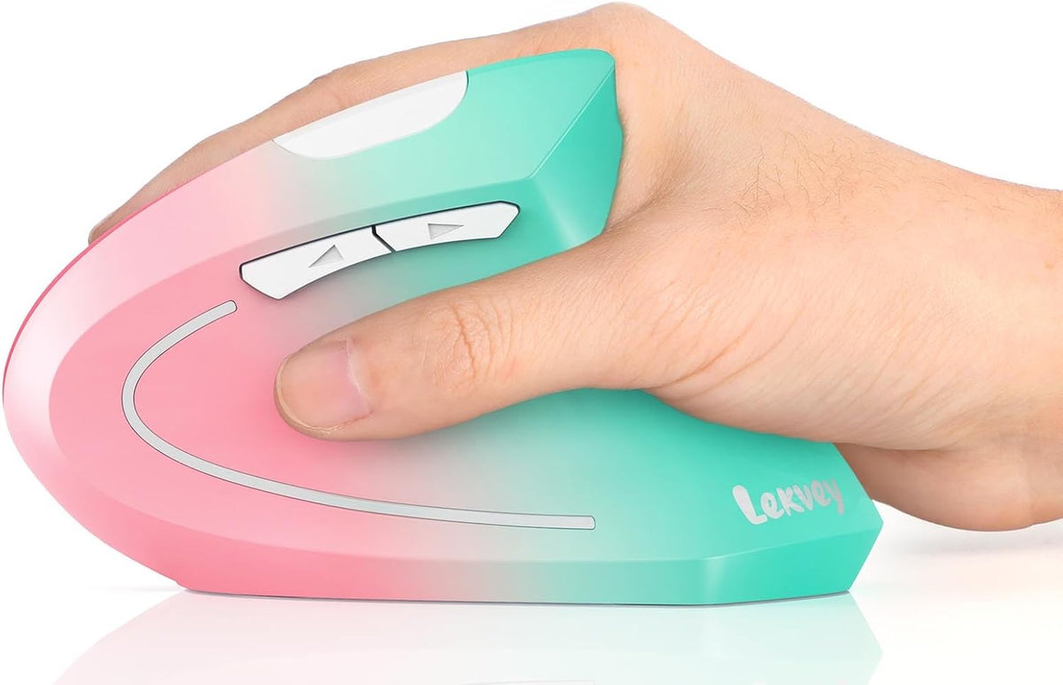Lekvey Ergonomic Mouse, Vertical Wireless Mouse, Rechargeable 2.4G Optical Carpal Tunnel Mice with USB Receiver: 1000/1200 / 1600 DPI, 6 Buttons, for Laptop, Computer, PC, Desktop, Pink Green