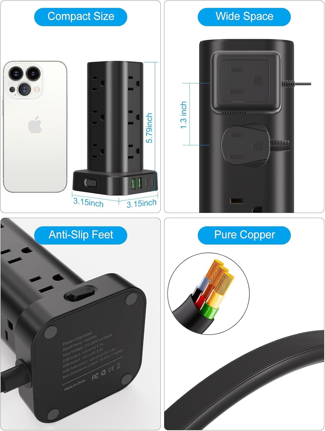 Power Strip Tower with Multiple Outlets, Flat Plug Surge Protector Tower Extension Cord with 12 AC Outlets 4 USB Ports (2 USB C), 15FT Cord Power Tower Surge Protector for Home Office Dorm Room, Black