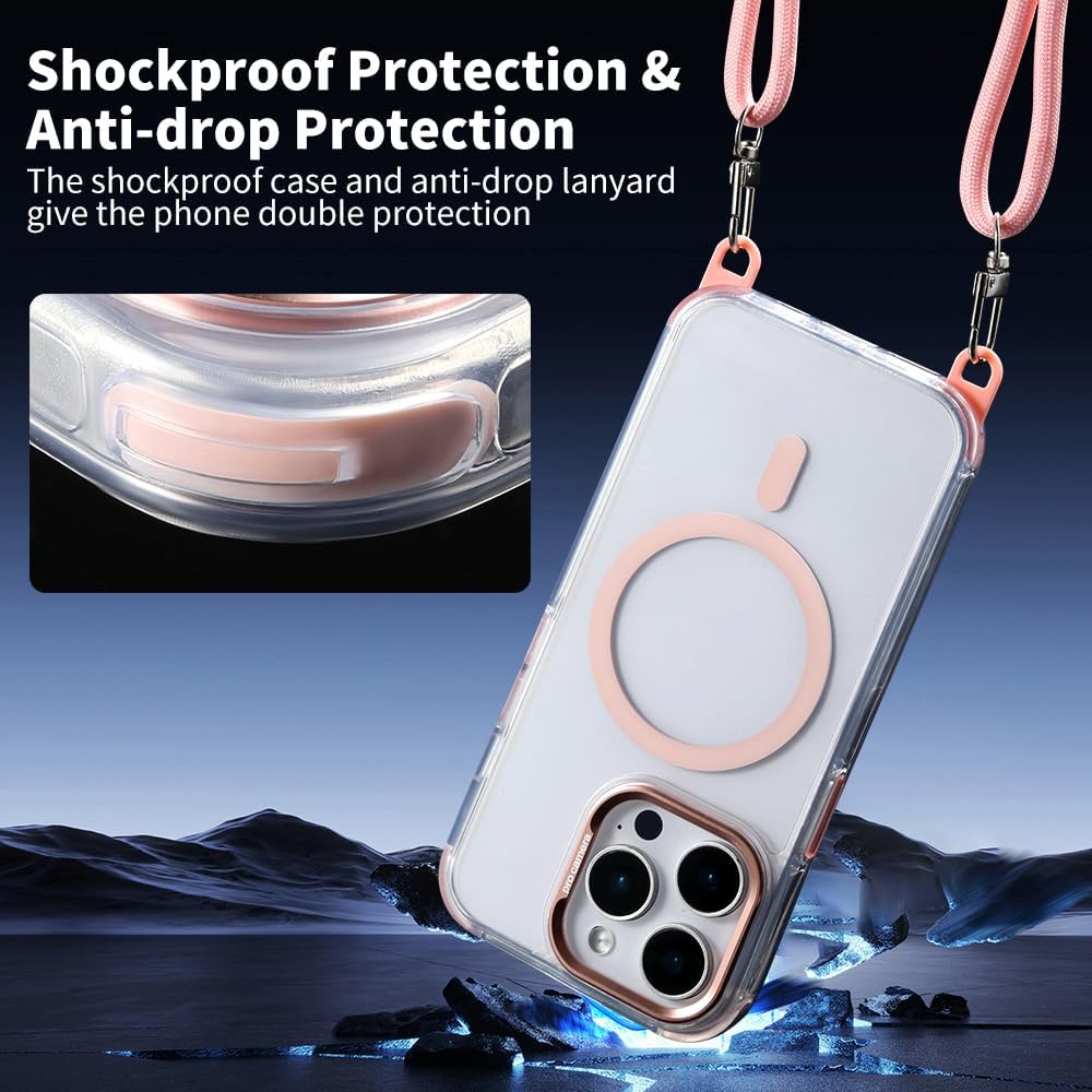 for iPhone 14 Pro Case with 62.99 inch Lanyard, Classic Clear&Pink Magnetic Phone Case, Drop&Shockproof Protection Cases, Phone Lanyard for Around The Neck, Compatible with Magnet Accessory