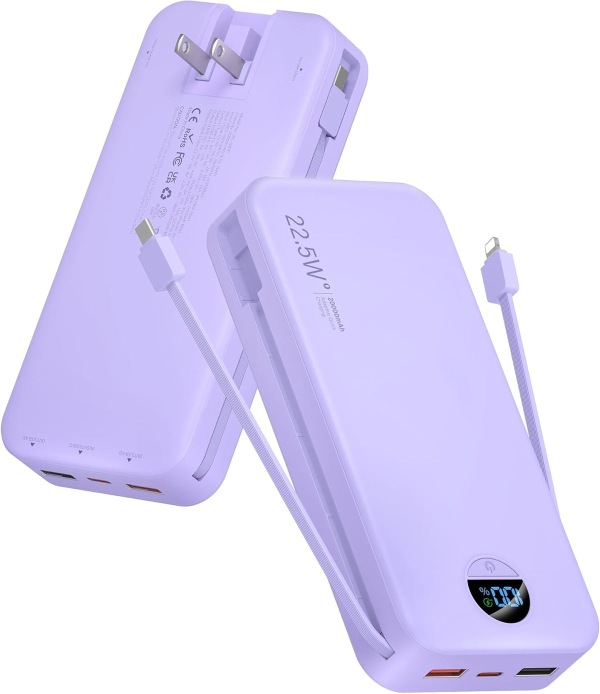 Portable Charger, 20000mAh 22.5W USB C Fast Charging Power Bank with Built-in Cables & Wall Plug, External Battery Pack with LED Display, Travel Essentials Compatible with iPhone, iPad, Samsung Purple