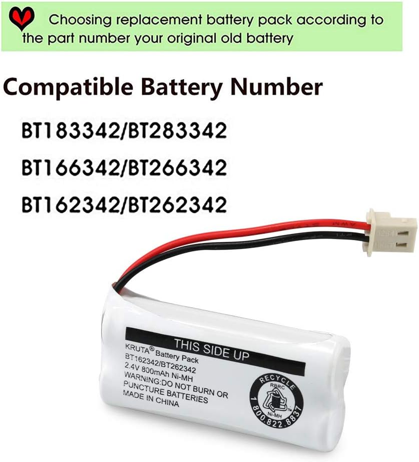 Kruta BT162342 BT262342 2.4v 800mah Cordless Phone Batteries Compatible with BT183342 BT283342 BT166342 BT266342 VTech CS6114 CS6419 CS6719 at&T EL52300 CL80111 Handset Telephone (Pack of 3)