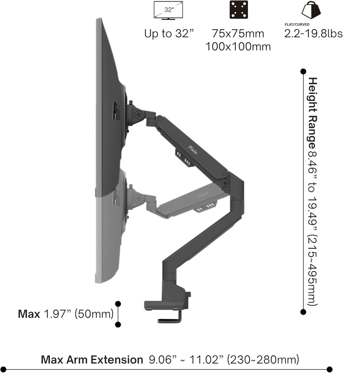 Pixio PS1S Wave Black Single Monitor Arm Stand Desk Mount - Fits up to 32 inches Monitors and up to 19.8lbs. VESA Compatibility and Integrated Cable Management