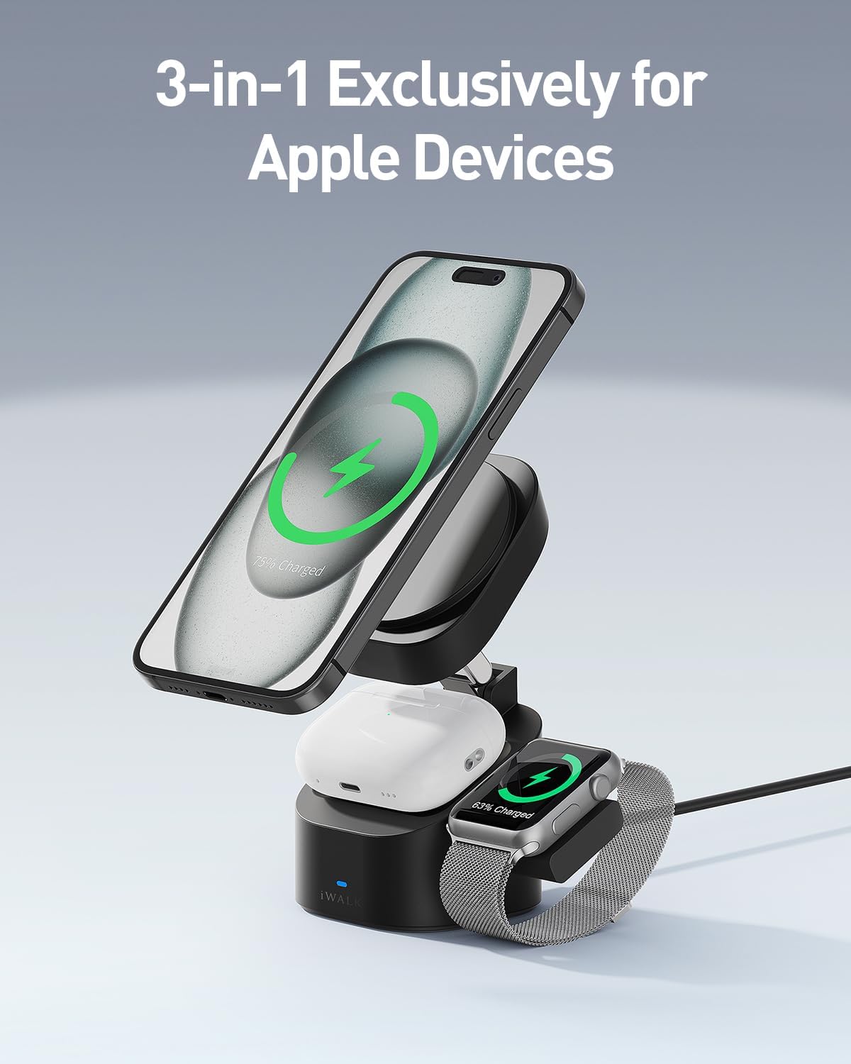 iWALK 3-in-1 Magnetic Wireless Charging Stand, 15W Foldable Charger Station for iPhone 16/15/14/13/12, Apple Watch & AirPods, Adjustable Dock with 20W USB-C Adapter