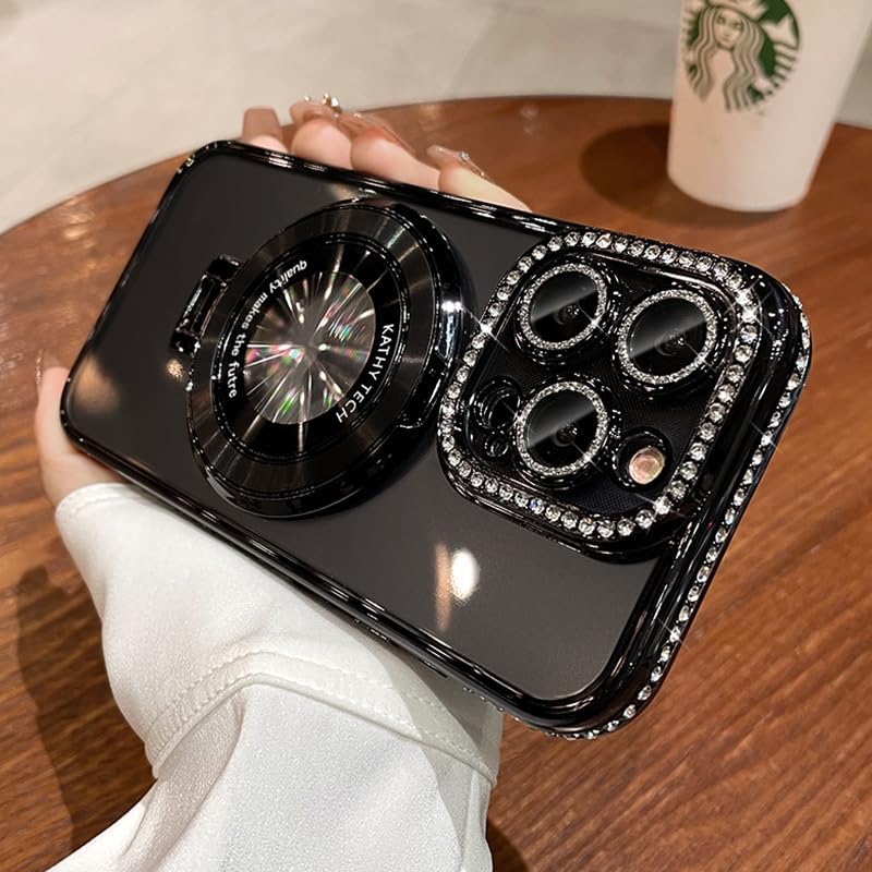 Magnetic Kickstand (Glitter Lens Protector ) Case for IPhone 15 14 13 12 Pro Max (Compatible with Magsafe ) Sparkling Diamond Cover Glitter Shiny Rhinestone Cases (Black,for iPhone 14 Pro)