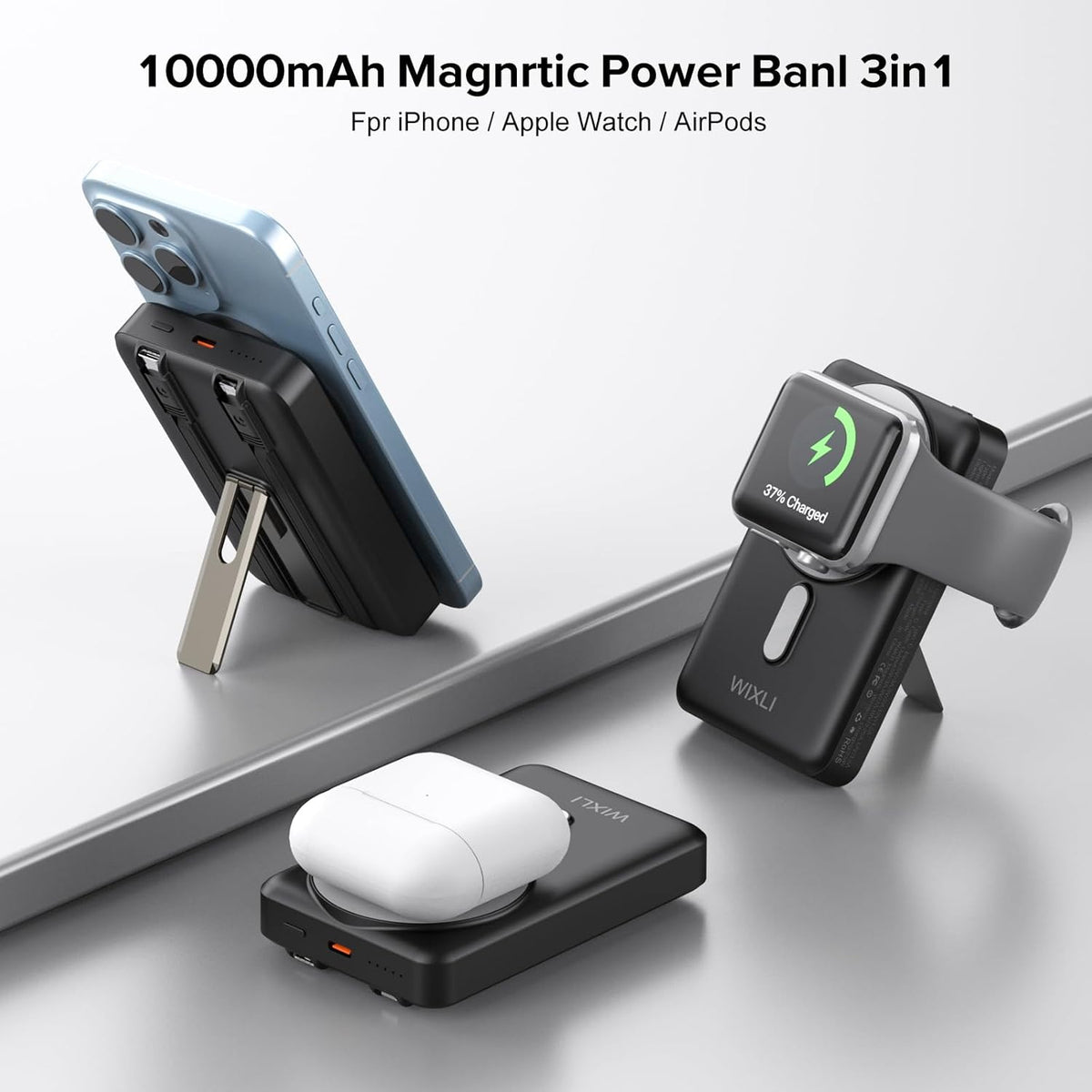 Wireless Portable Charger, 3-in-1 Magnetic Power Bank 10000mAh with USB-C/iOS Cable and Stand, 22.5W Fast Charging Battery Pack, Compatible with iPhone 16/15/14/13/12/Pro/Mini/Pro Max