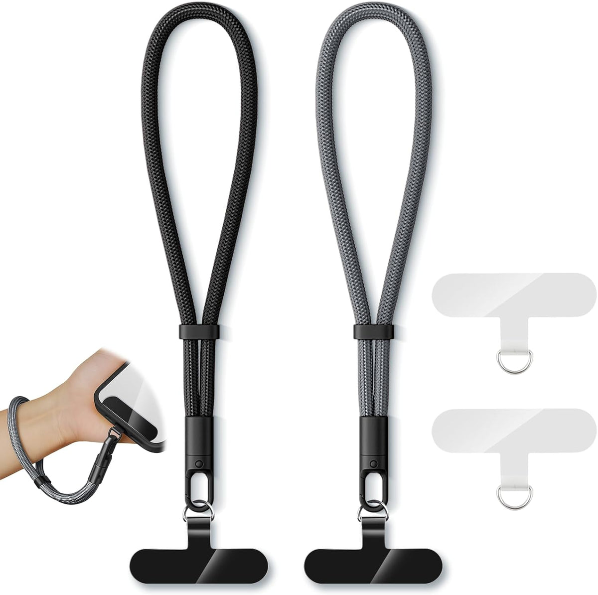 2 Pack Phone Lanyard,2×Hand Wrist Strap,4×Tether Tabs,Universal Cell Phone Multifuctional Patch Polyester Lanyards,Cell Phone Hand Strap for Women and Men(balck+grey)