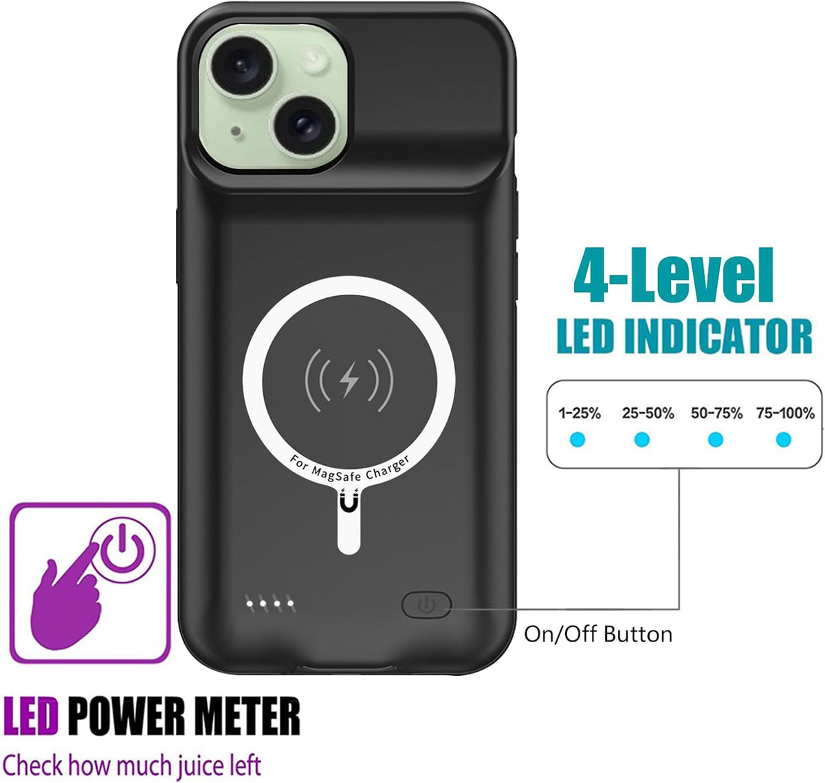 Battery Case for iPhone 15, Upgraded 10000mAh Rechargeable Portable Charging Case with Wireless Charging Compatible for iPhone 15 (6.1 inch) with Carplay Extended Battery Pack Charger Case (Black)