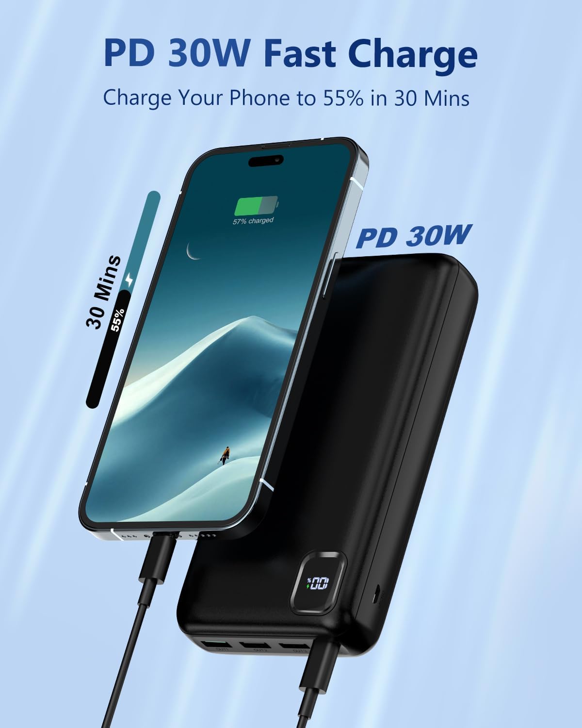 Portable Charger Power Bank 50000mAh Powerbank PD 30W and QC 4.0 Fast Charging External Battery Pack with USB-C LED 4 Outputs & 2 Inputs Portable Charging for iPhone 15 14 13 pro, Samsung