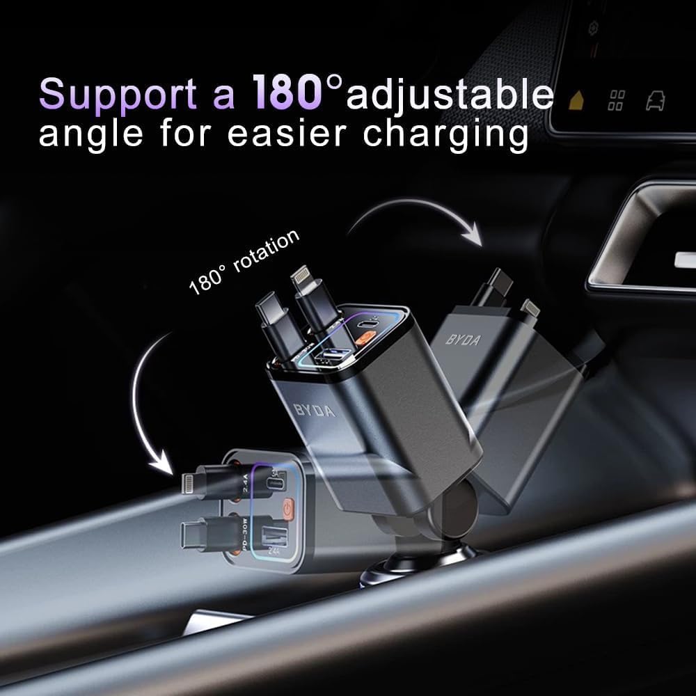 [2025 Mirco-Version] 4 in 1 Retractable Car Charger,69W Car Charger USB C,Cigarette Lighter Adapter,Fast Charging for iPhone 16e/16/15/14,13,Android (Pink, for Lightning+USB-C)