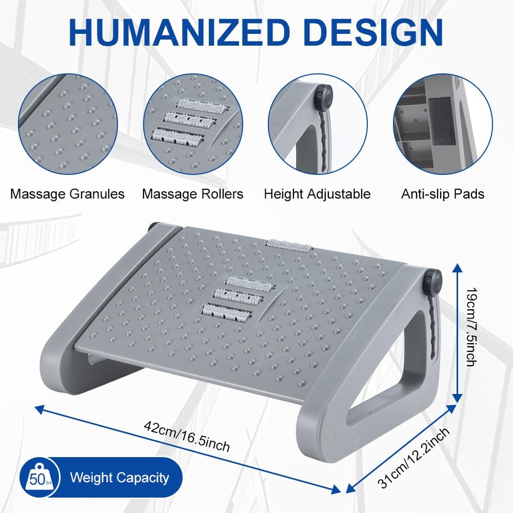 Foot Rest for Under Desk at Work - Six Heights Adjustable Under Desk Footrest - Ergonomic Foot Stools for Under Office Desks - Desks Foot Rest with Massage Rollers - Leg Rest for Chair (Gray)