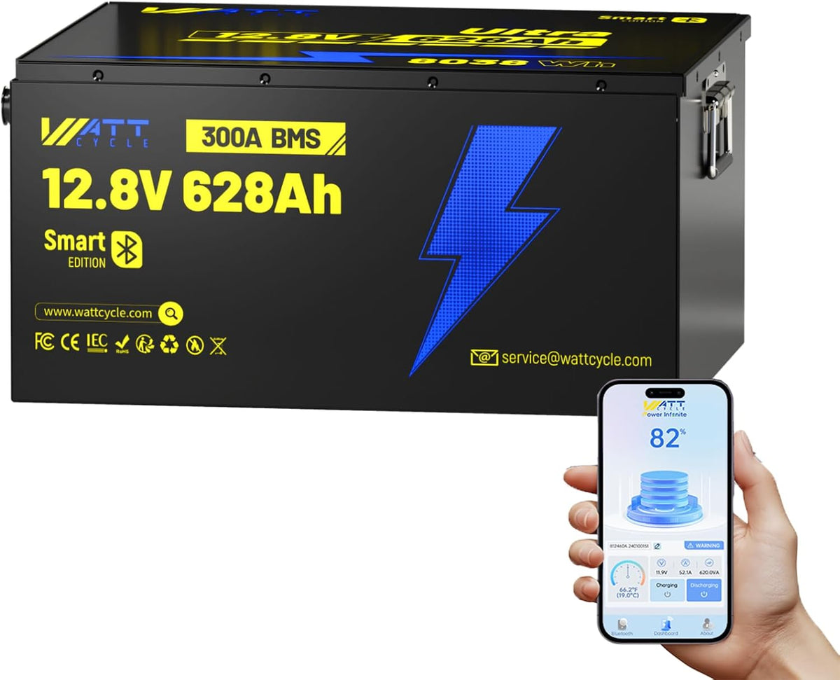 12V 628Ah LiFePO4 Lithium Battery, Built-in Bluetooth 5.0 & 300A BMS, Full Metal 8038Wh Energy, 15000+ Deep Cycles Batterys, Perfect for Home Energy, RV, Marine, Solar, Trolling Motor