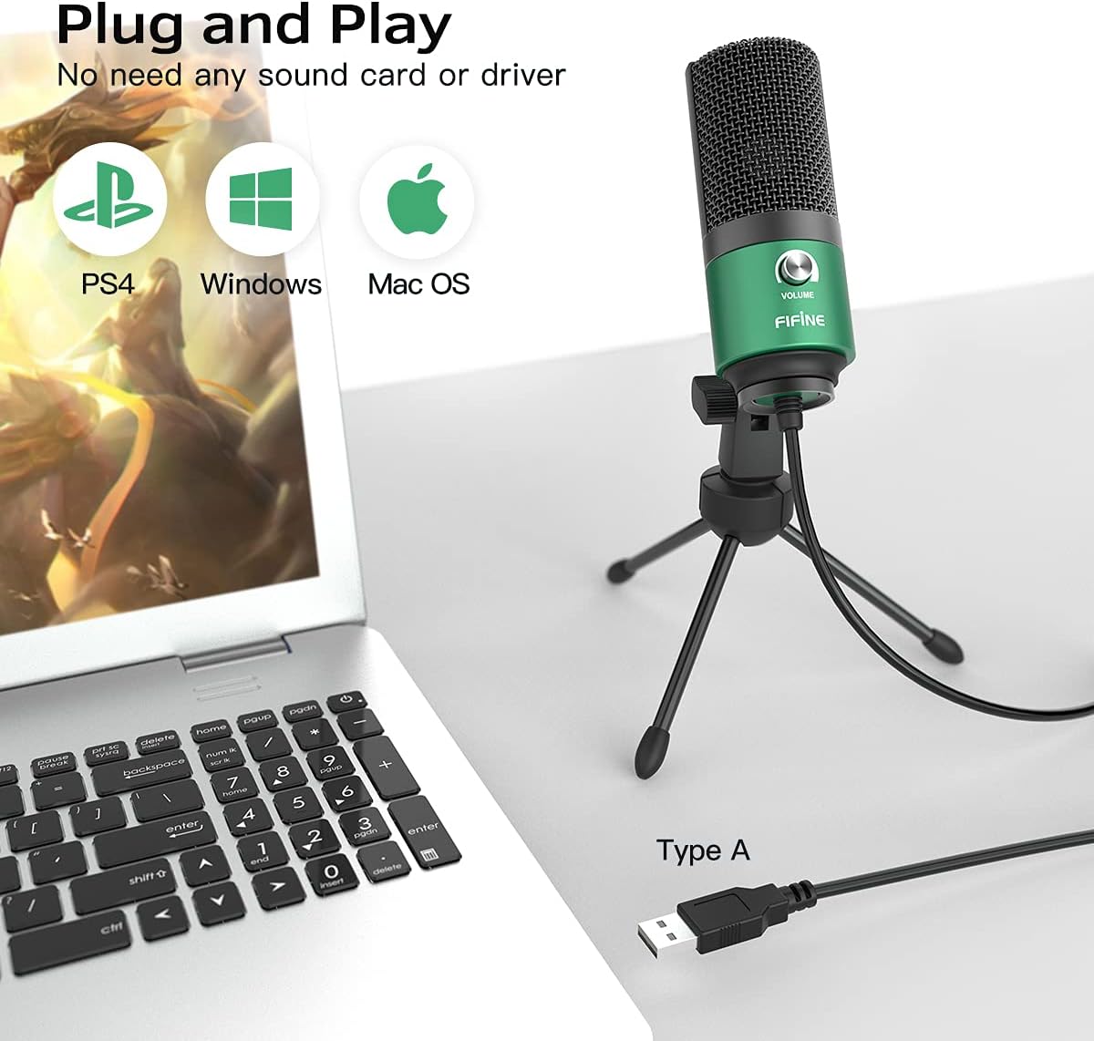 FIFINE USB Gaming Microphone for PC Desktop, PS4 and Mac, Gain Control, External Condenser Computer Mic for Streaming, Podcasting, Twitch, Discord, Green - K669G