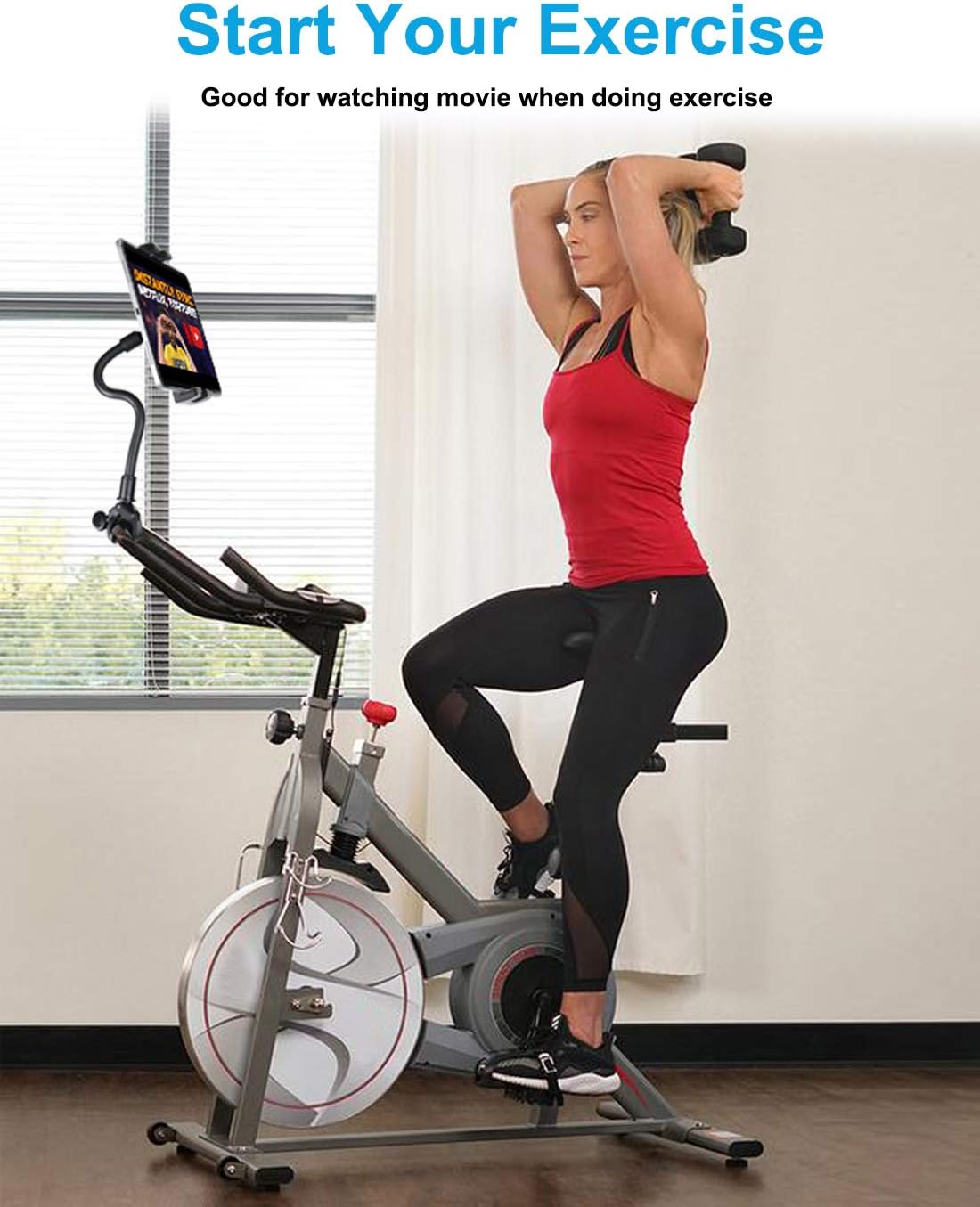 woleyi Gooseneck Tablet Holder for Spin Bike, Peloton Tablet Mount Exercise Bike Handlebar Stand for Stationary Bicycle, Treadmill, Stroller, Elliptical for iPad Pro Air Mini, Galaxy, 4.7-13" Devices