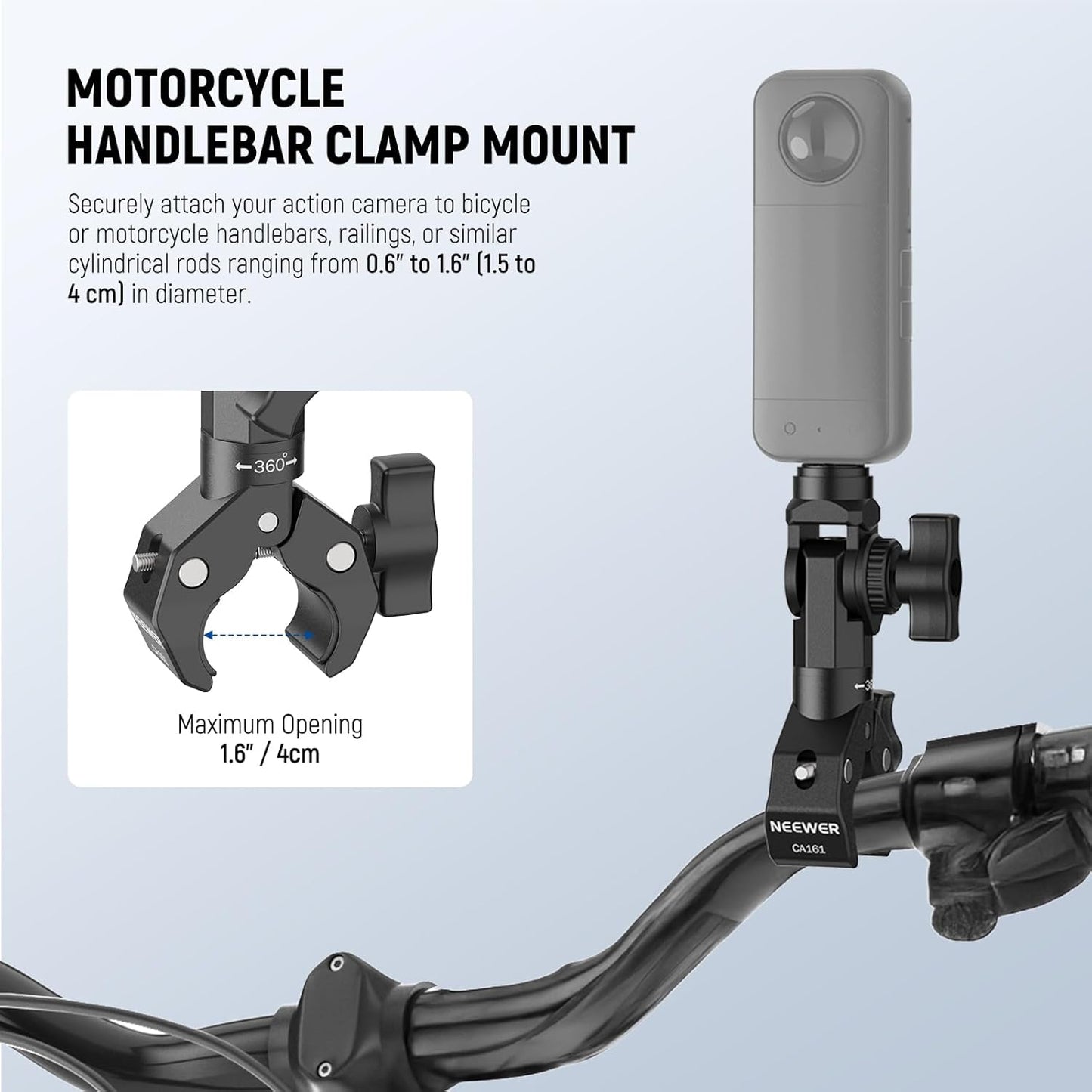 NEEWER Motorcycle Bike Handlebar Clamp Mount, Heavy Duty Clip Holder, 1/4" Screw & 3 Prong Adapter Compatible with Insta360 X5 X4 GoPro Hero 13 12 POV Video Recording, 360° Rotation & 270° Tilt, CA161