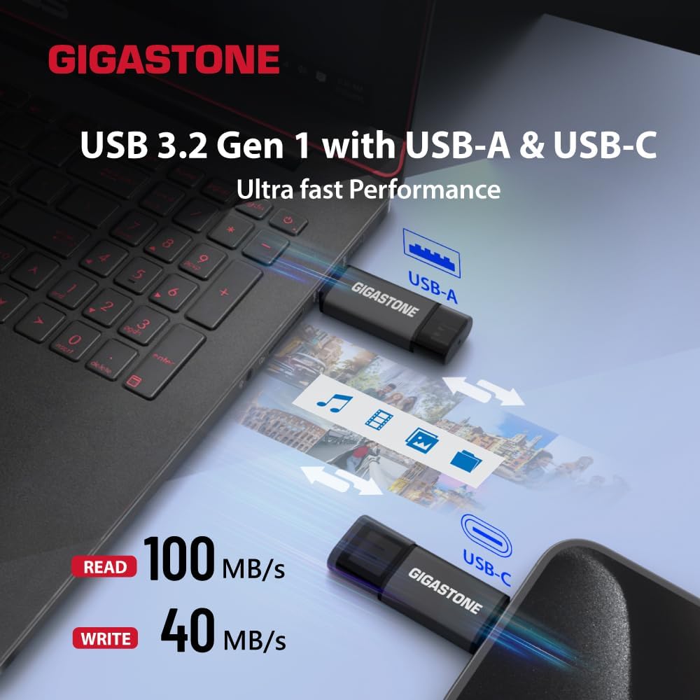 GIGASTONE 512GB Dual Drive (2 Pack) Z40 USB 3.2 Gen 1, 2-in-1 Type-A & Type-C, 100MB/s Ultra Fast, Head Cap Design, Plug & Play for Smartphone/PC/Mac/TV/Car Audio, USB 2.0/3.0/3.1 Compatible