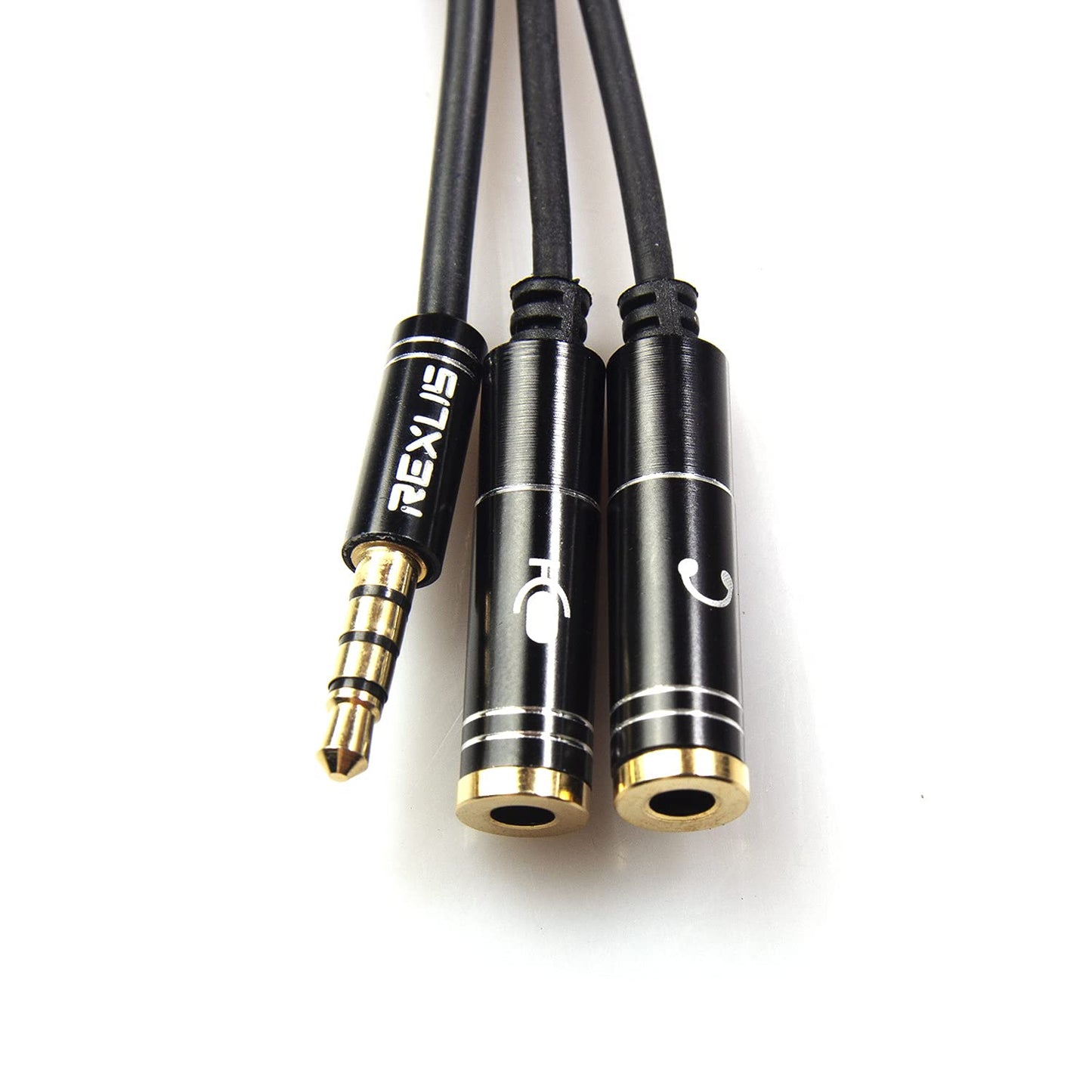 REXUS Black 3.5mm Y Splitter Stereo Audio Cable 4-Pole Male to 2 Female for Headphone, Headset Splitter Adapter Extension Aux Cable, Compatible MobilePhone and New Version Laptop(M22F35H)