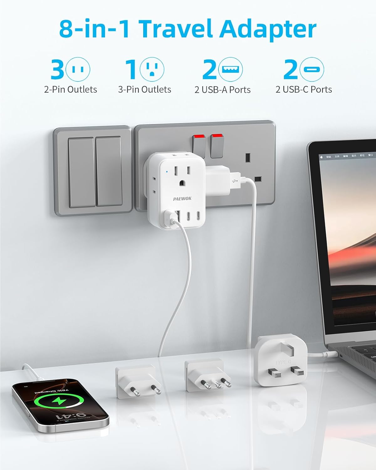 European Travel Plug Adapter USB C, US to EU/UK Plug Adapter- 4AC Outlets 4 USB Charger, International Power Adaptor kit Include Type G/C/L for American to England Italy France Germany Greece
